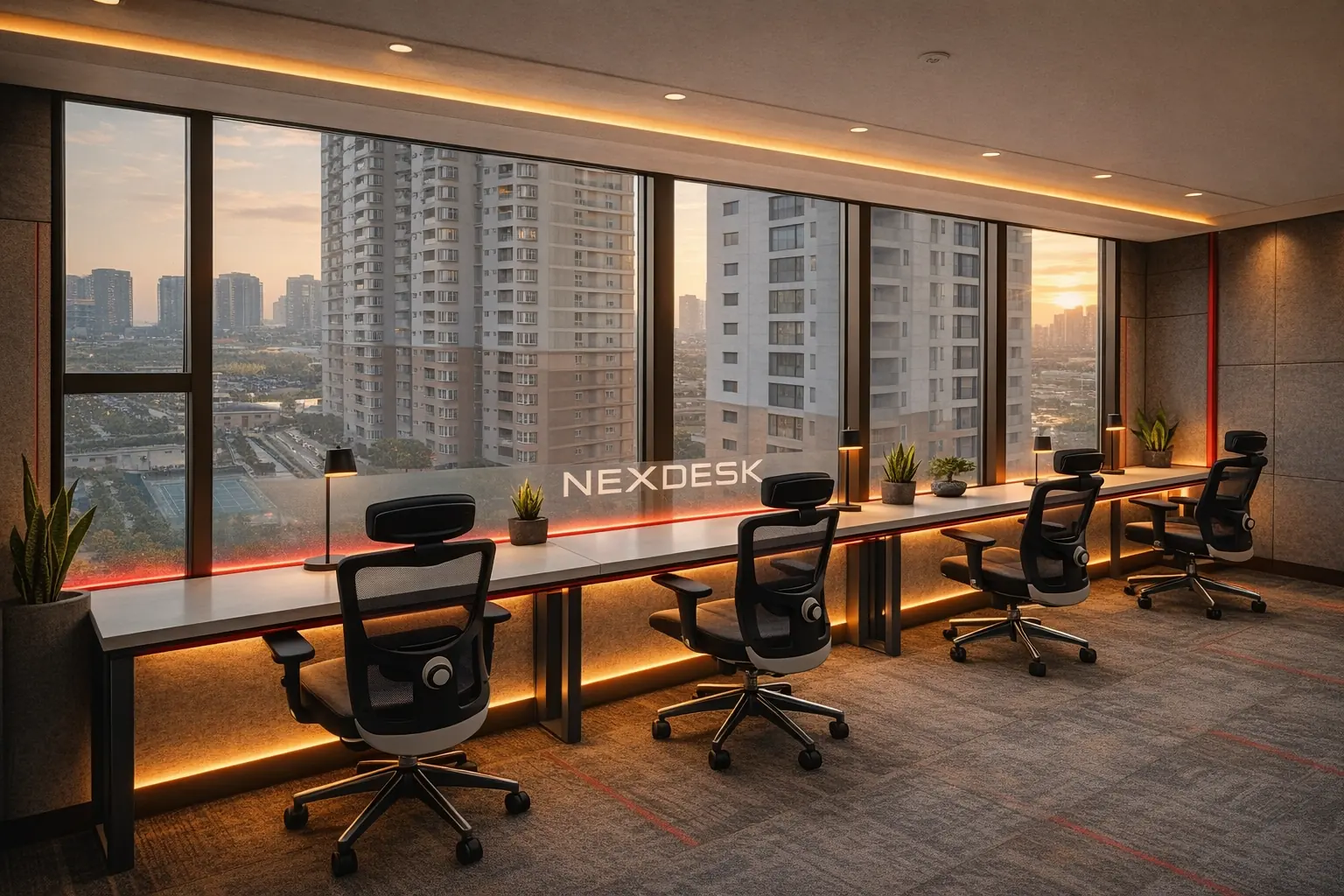 Window-side seating at NEXDESK at sunset